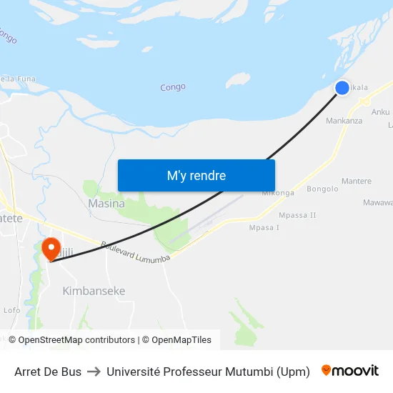 Arret De Bus to Université Professeur Mutumbi (Upm) map