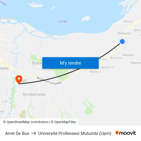 Arret De Bus to Université Professeur Mutumbi (Upm) map