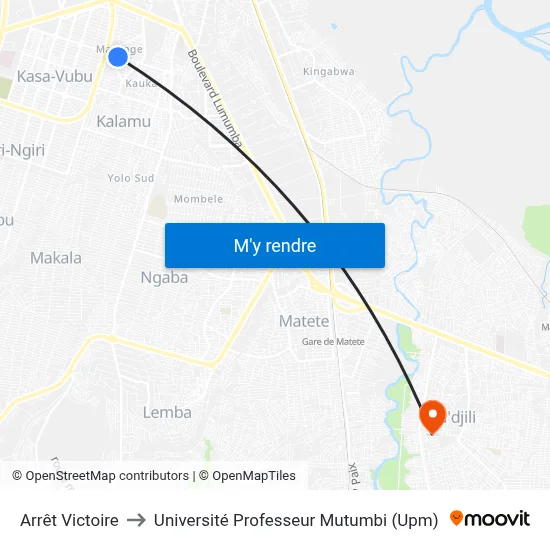 Arrêt Victoire to Université Professeur Mutumbi (Upm) map