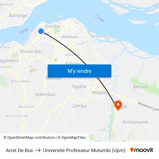 Arret De Bus to Université Professeur Mutumbi (Upm) map
