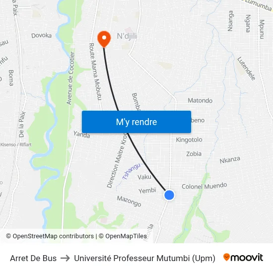 Arret De Bus to Université Professeur Mutumbi (Upm) map