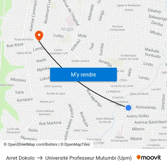 Arret Dokolo to Université Professeur Mutumbi (Upm) map