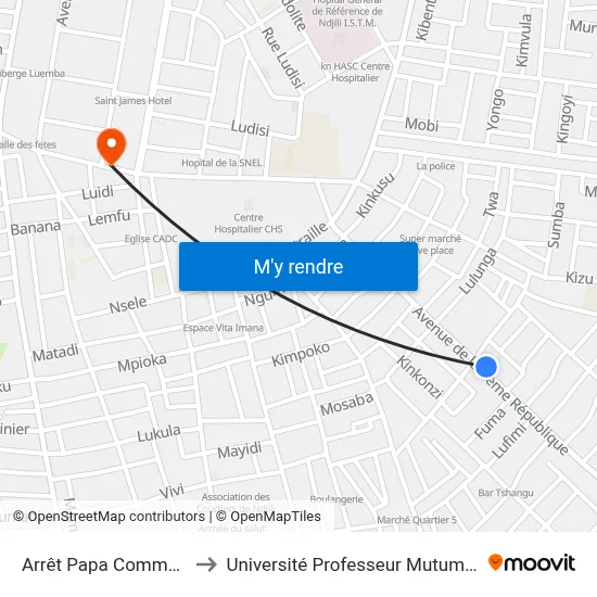 Arrêt Papa Commandant to Université Professeur Mutumbi (Upm) map
