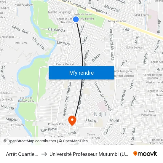 Arrêt Quartier 1 to Université Professeur Mutumbi (Upm) map