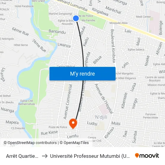 Arrêt Quartier 1 to Université Professeur Mutumbi (Upm) map