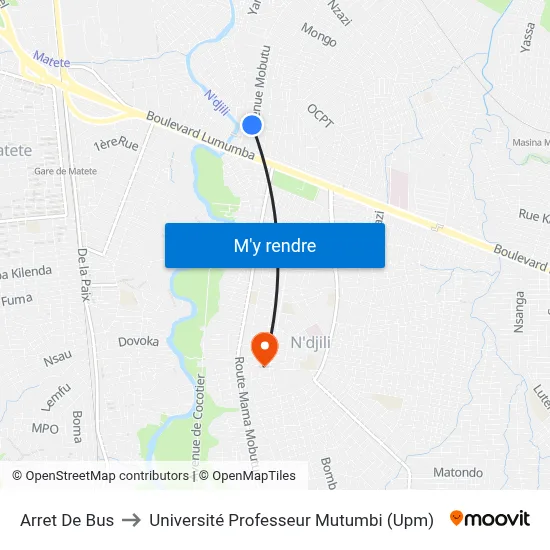 Arret De Bus to Université Professeur Mutumbi (Upm) map