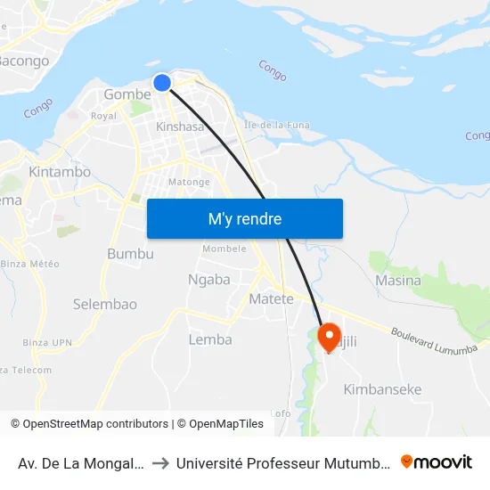 Av. De La Mongala, 10 to Université Professeur Mutumbi (Upm) map