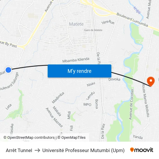 Arrêt Tunnel to Université Professeur Mutumbi (Upm) map
