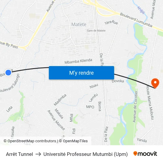 Arrêt Tunnel to Université Professeur Mutumbi (Upm) map
