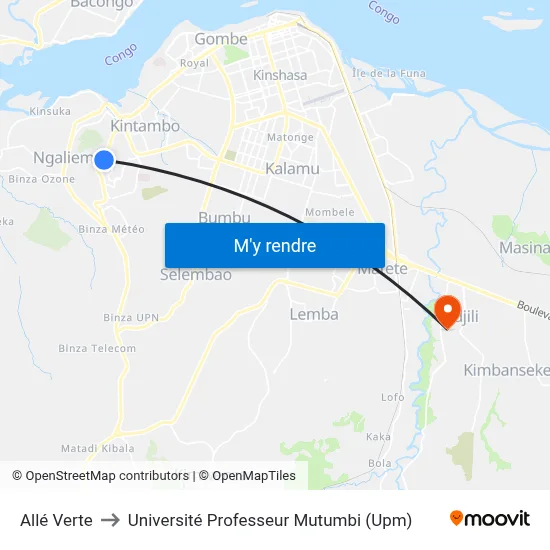 Allé Verte to Université Professeur Mutumbi (Upm) map
