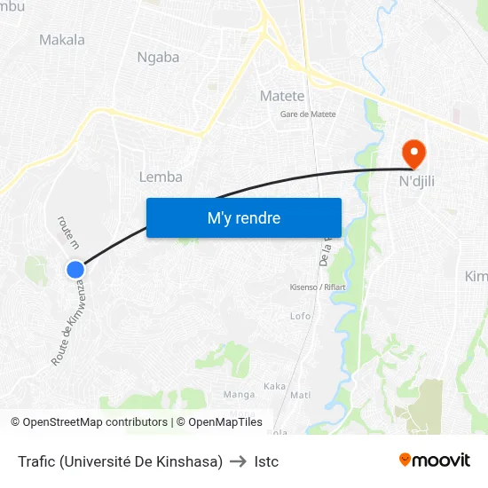 Trafic (Université De Kinshasa) to Istc map
