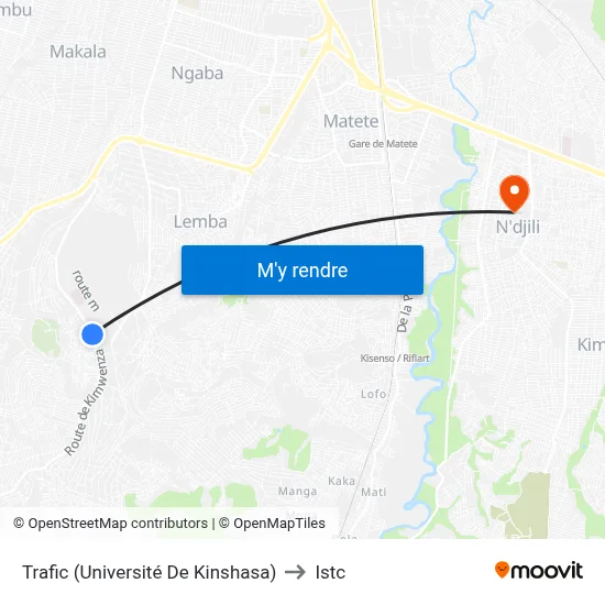 Trafic (Université De Kinshasa) to Istc map
