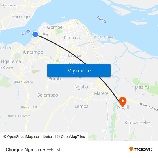 Clinique Ngaliema to Istc map