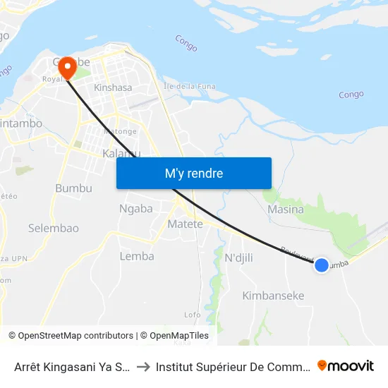 Arrêt Kingasani Ya Suka to Institut Supérieur De Commerce map