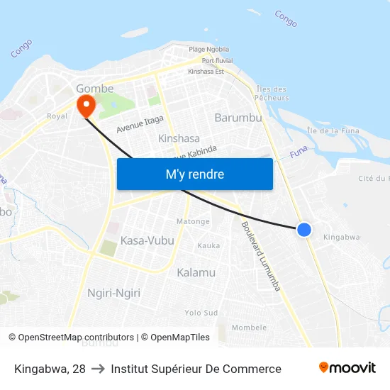 Kingabwa, 28 to Institut Supérieur De Commerce map