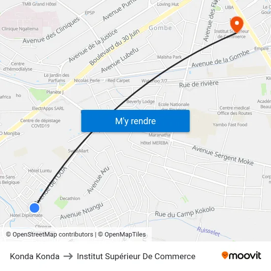 Konda Konda to Institut Supérieur De Commerce map