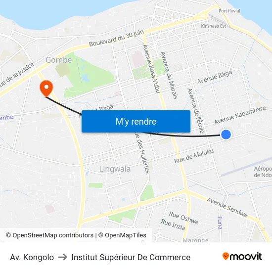 Av. Kongolo to Institut Supérieur De Commerce map