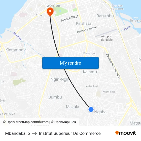 Mbandaka, 6 to Institut Supérieur De Commerce map