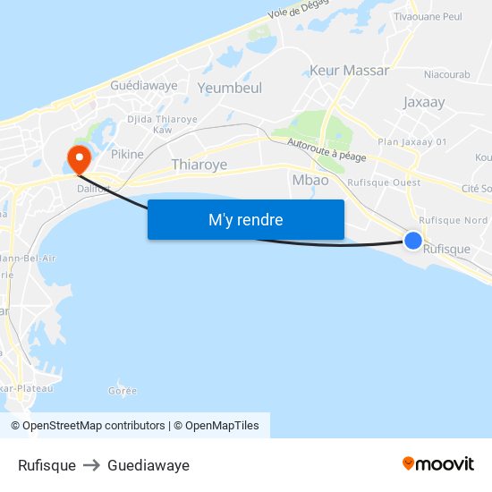 Rufisque to Guediawaye map