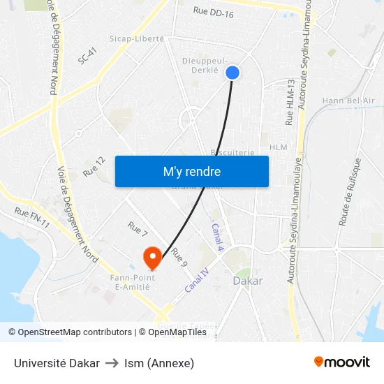 Université Dakar to Ism (Annexe) map