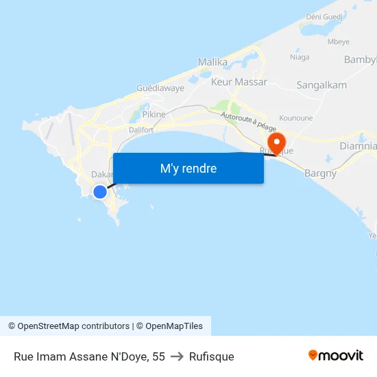 Rue Imam Assane N'Doye, 55 to Rufisque map