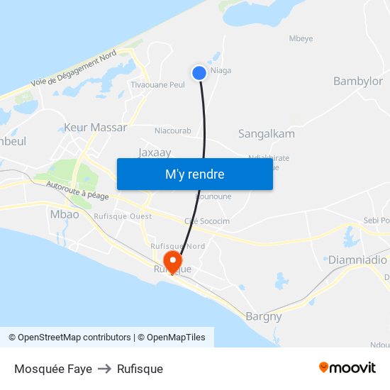 Mosquée Faye to Rufisque map