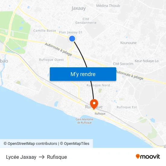 Lycée Jaxaay to Rufisque map