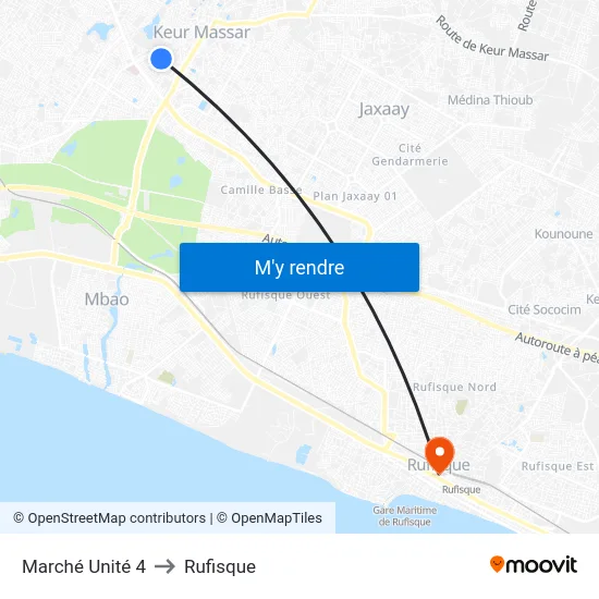 Marché Unité 4 to Rufisque map