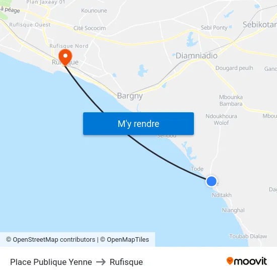 Place Publique Yenne to Rufisque map