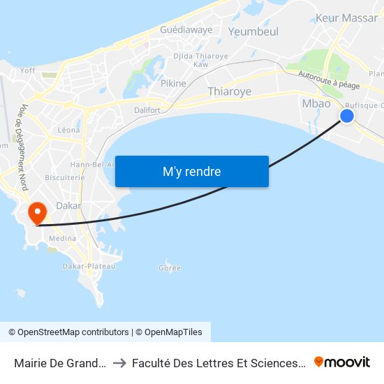 Mairie De Grand Mbao to Faculté Des Lettres Et Sciences Humaines map