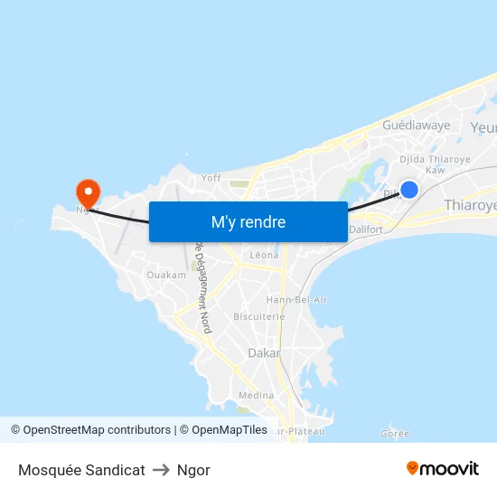 Mosquée Sandicat to Ngor map