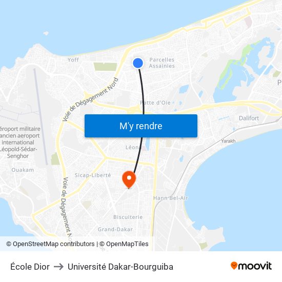 École Dior to Université Dakar-Bourguiba map