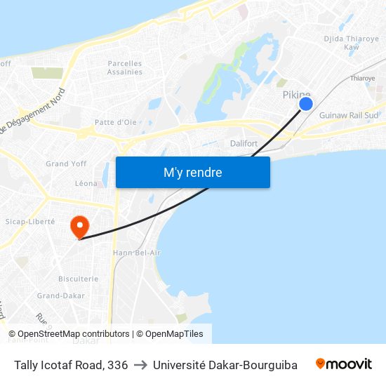 Tally Icotaf Road, 336 to Université Dakar-Bourguiba map