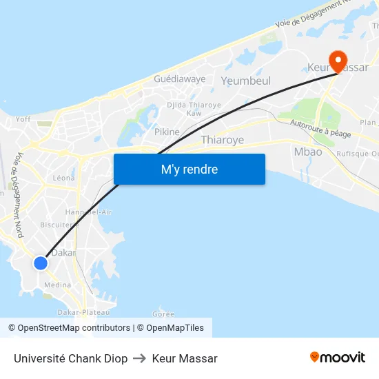 Université Chank Diop to Keur Massar map