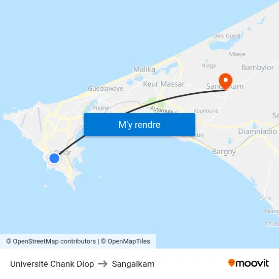 Université Chank Diop to Sangalkam map