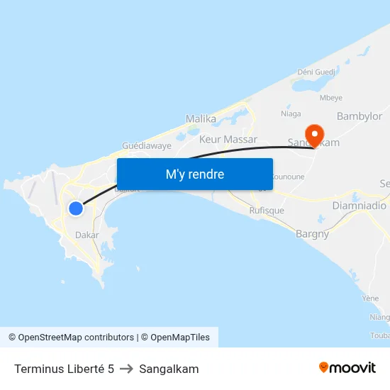 Terminus Liberté 5 to Sangalkam map