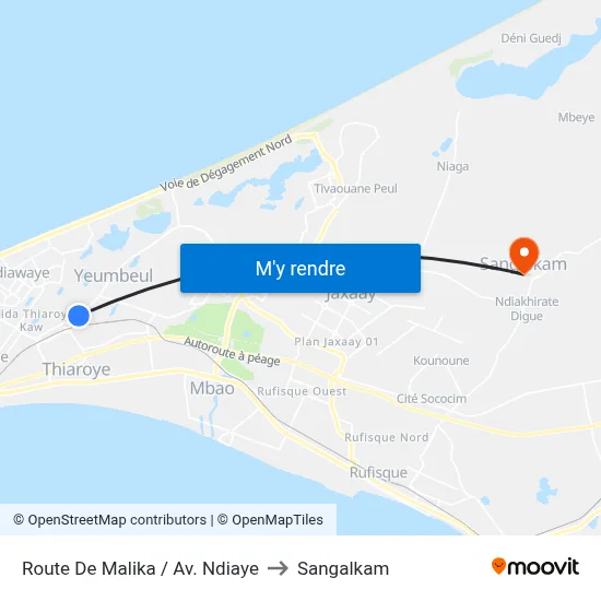 Route De Malika / Av. Ndiaye to Sangalkam map