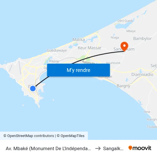 Av. Mbaké (Monument De L'Indépendance) to Sangalkam map