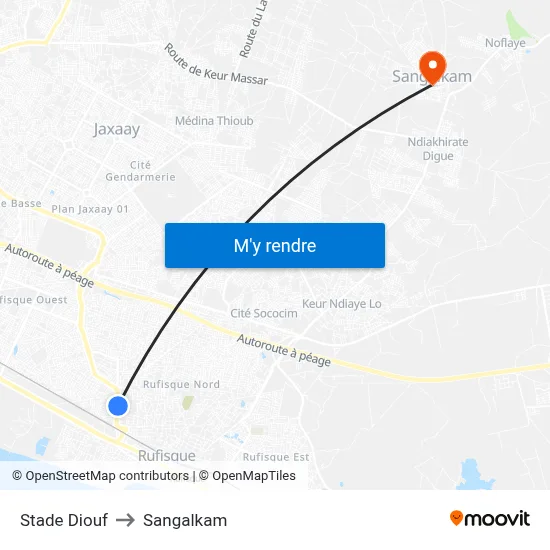 Stade Diouf to Sangalkam map