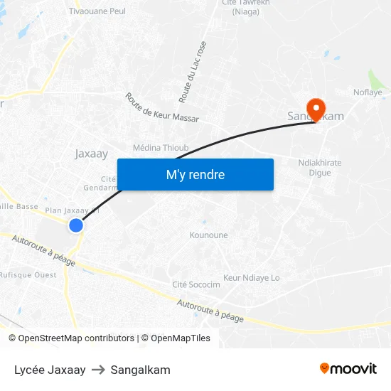 Lycée Jaxaay to Sangalkam map