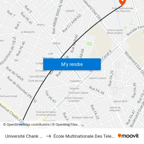 Université Chank Diop to École Multinationale Des Telecoms map