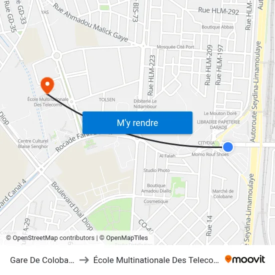 Gare De Colobane to École Multinationale Des Telecoms map