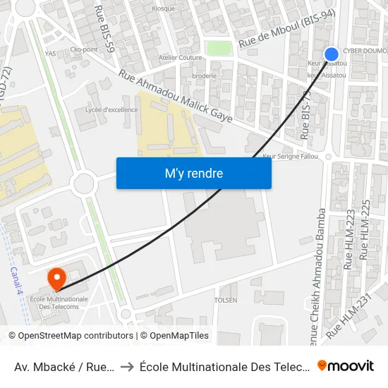 Av. Mbacké / Rue 90 to École Multinationale Des Telecoms map