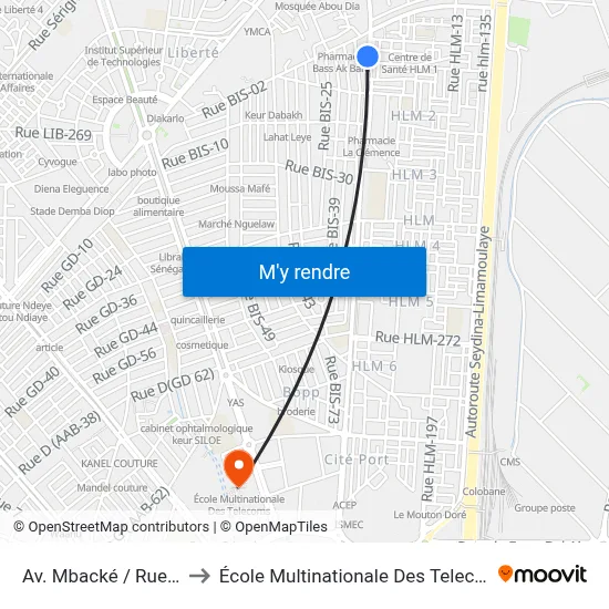 Av. Mbacké / Rue 86 to École Multinationale Des Telecoms map