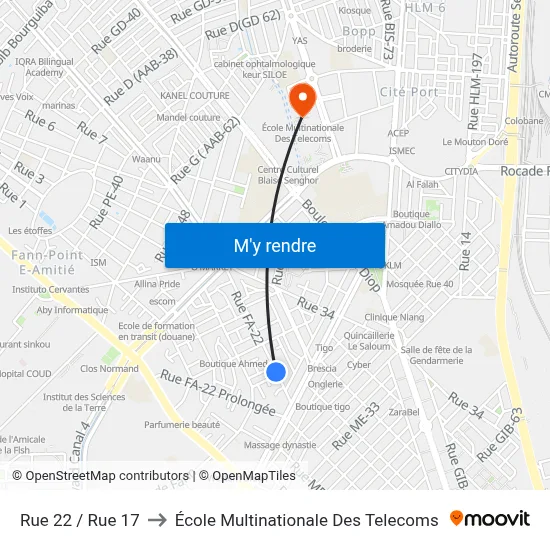 Rue 22 / Rue 17 to École Multinationale Des Telecoms map