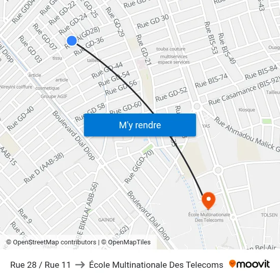 Rue 28 / Rue 11 to École Multinationale Des Telecoms map