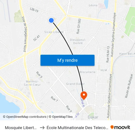 Mosquée Liberté 6 to École Multinationale Des Telecoms map