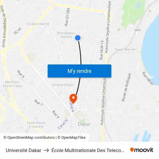 Université Dakar to École Multinationale Des Telecoms map