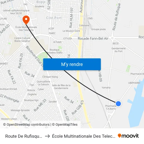 Route De Rufisque, 2 to École Multinationale Des Telecoms map