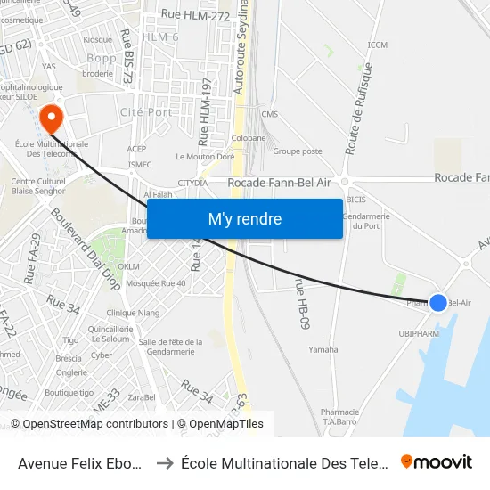 Avenue Felix Eboue, 2 to École Multinationale Des Telecoms map